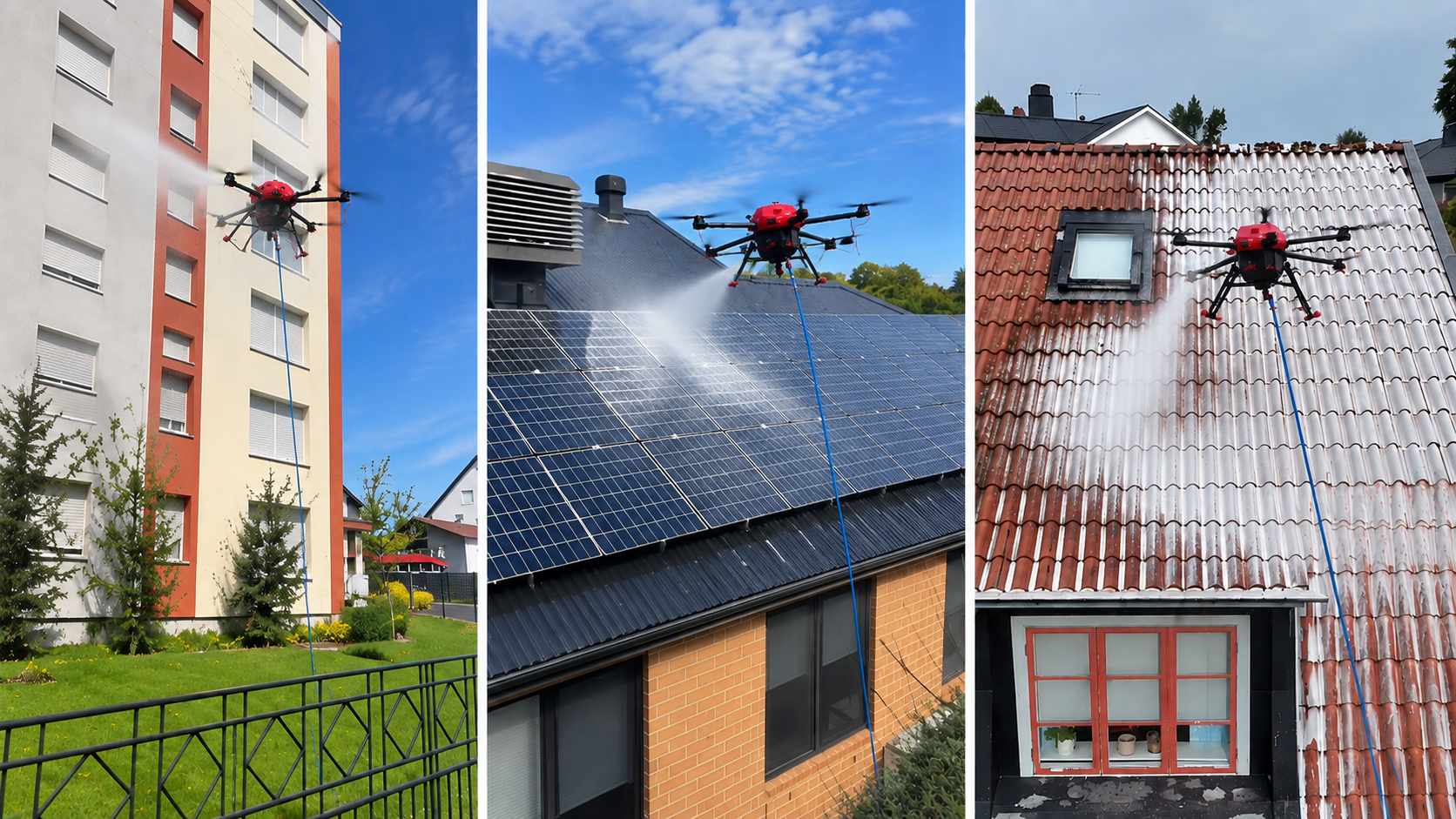 Illustration du principe de nettoyage par drone sur façade, panneaux solaires et toiture