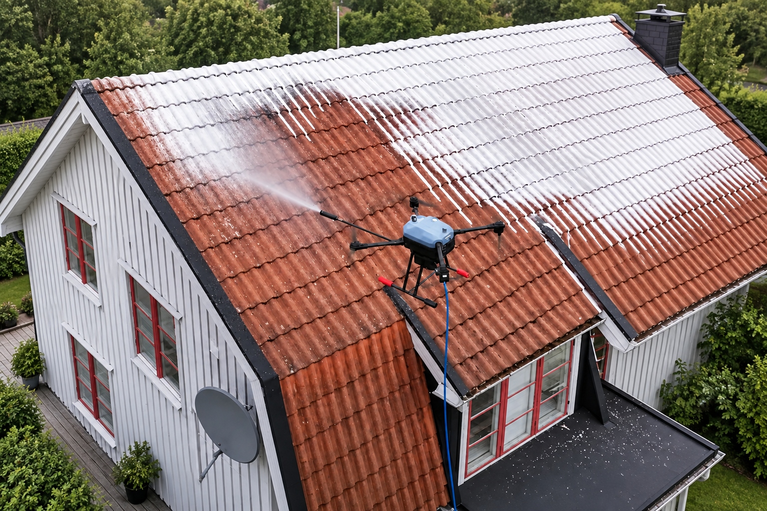 Drone de nettoyage au-dessus d’une toiture en tuiles — visuel élargi par IA